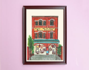 Yut Kee Restaurant Malaysian Shophouse, illustration print wall art asian. Watercolor paint art original. Dining Room Wall Decor Prints.