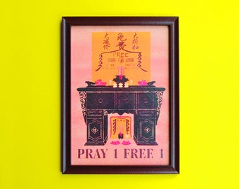 Pray 1 Free 1, Religion art Taoism satire, illustration print wall art, Silkscreen asian art Singapore print. Dining Room Wall Decor Prints.