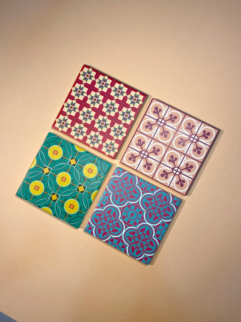 Peranakan Tiles Ceramic Coasters Set Set of 4 Drink Coasters Singapore & Malaysia Art Design Pattern Coaster Peranakan Patterns Warm