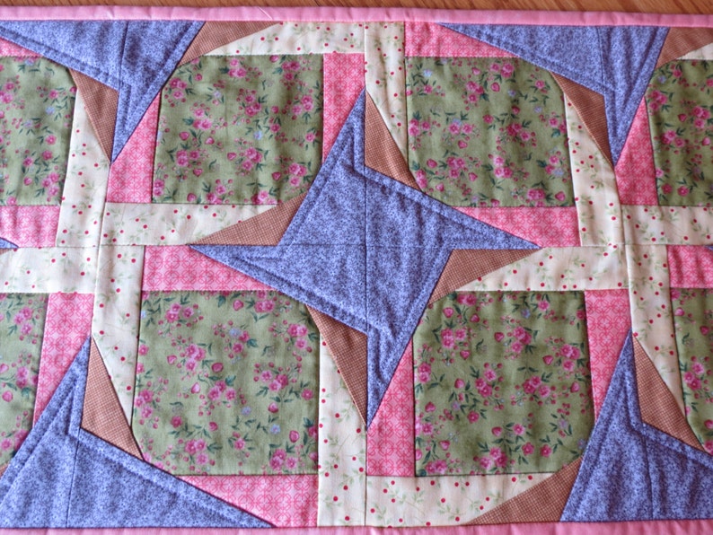 purple Quilted spring flowers tablerunner in pastel yellow green and pink