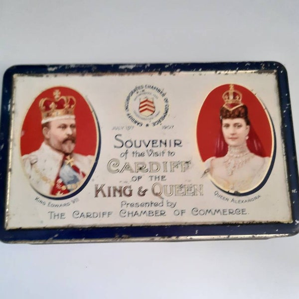 Commemorative chocolate tin King Edward VII and Queen Alexandra Visit to Cardiff July 13th 1907