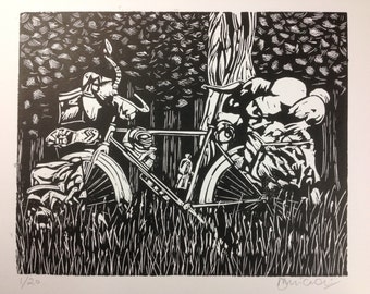 Original linocut 'Loaded touring bike' . Edition of 20.