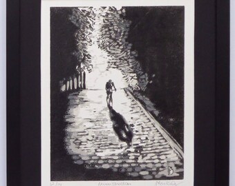 Original hand pulled linocut print. 'Moonshadow' Limited edition of 14.