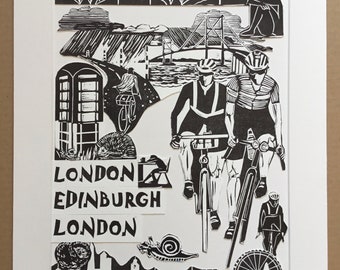 Unique collage of linocut prints. London Edinburgh London.