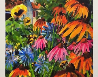 Limited edition fine art print of original pastel painting. ‘Potager 2023. (Rudbeckia, Echinacea, Agapanthus & sunflowers)’.