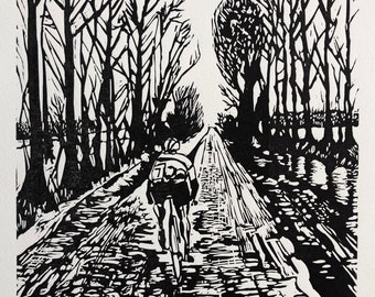 Original hand pulled linocut 'Paris-Roubaix : L'Enfer du Nord' Ltd. Artist’s proof. Edition of 50 sold out.