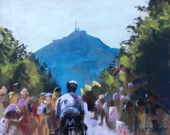 Limited edition fine art print of original pastel painting ‘Approching the Puy de Dôme, Stage 9 Tour de France, 2023. Matteo Jorgenson.’