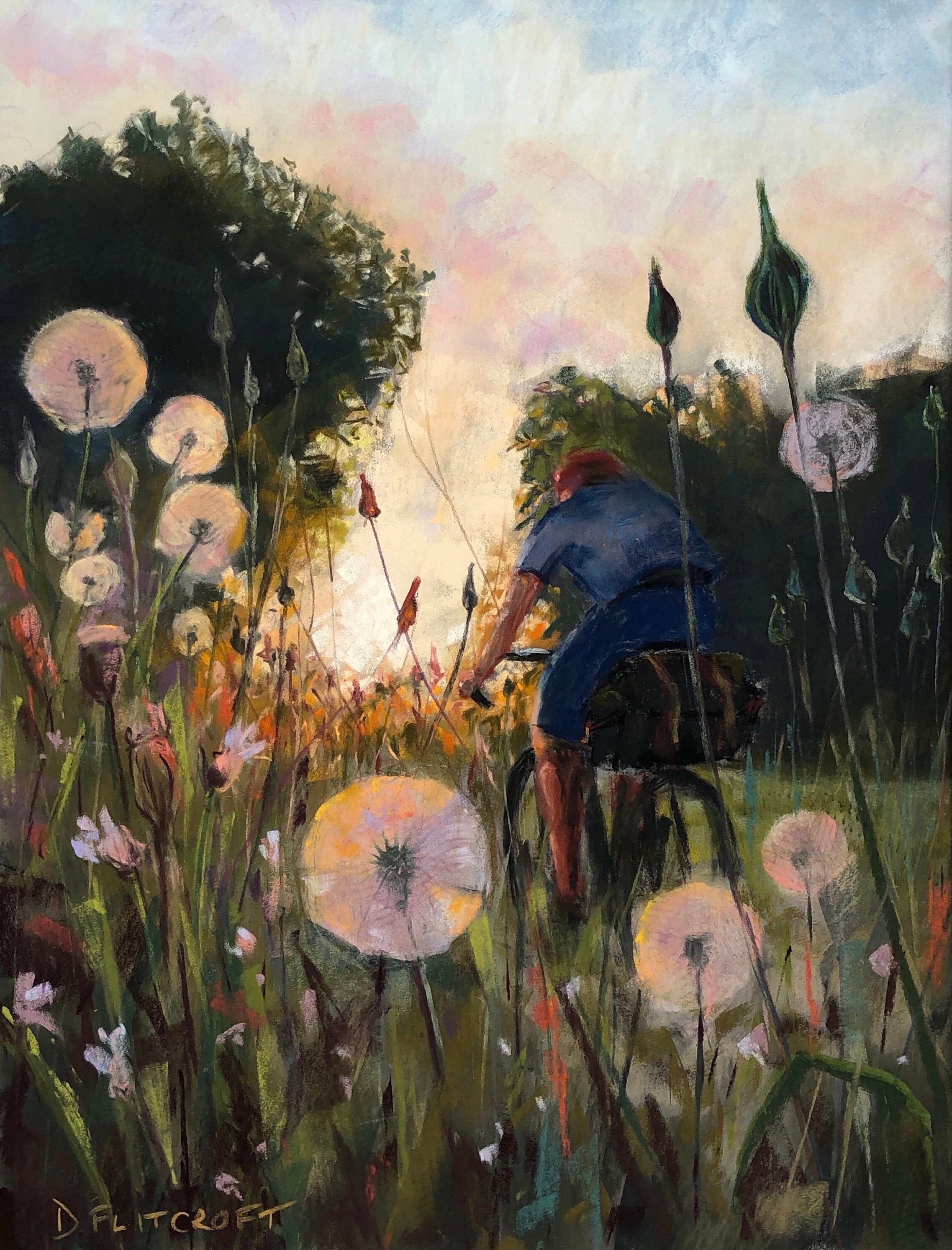 Original Pastel painting. Cycling at the Golden hour.
