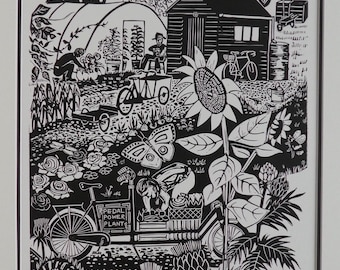 Allotment Linocut Print: Cargobike, Gardeners, Stag Beetles - Limited Edition