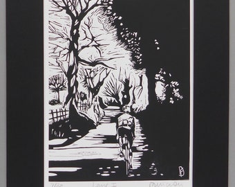 Hand pulled linocut print titled 'Lane 1'