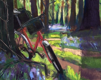 Original pastel painting. Riding to Bluebell woods.