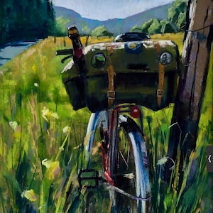 Pintura al pastel original. Bicicleta BYOB (traiga su propia botella) con alforja.