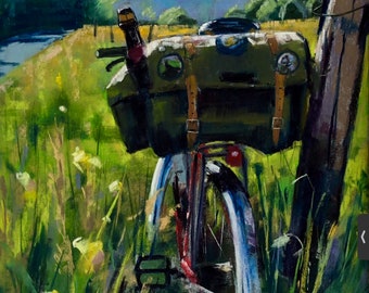 Original Pastel painting. BYOB (Bring your own bottle) bicycle with saddlebag.