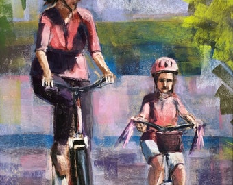 Original pastel painting. Learning to ride.