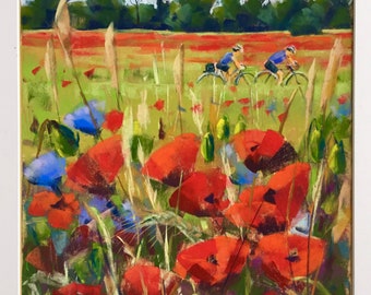 Original Pastel painting. Two cyclists and early summer poppy field.