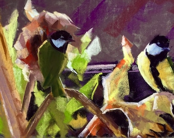 Original Pastel painting. A pair of Great Tits on faded sunflowers.