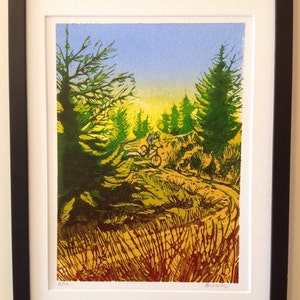Original handpulled linocut print of a mountainbiker descending a forest track.  Limited edition of 10