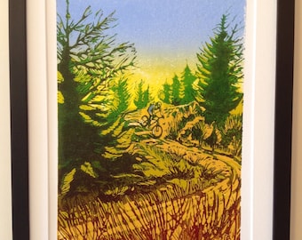 Original handpulled linocut print of a mountainbiker descending a forest track.  Limited edition of 10