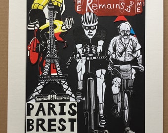 Unique collage of linocut prints. Paris-Brest-Paris