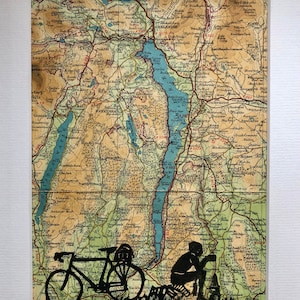 Diverses gravures en linogravure sur la carte vintage de Barthélémy. Cumbria, Lake District et North Pennines.