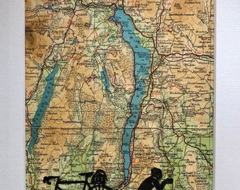 Various  linocut prints on vintage Bartholomew's map. Cumbria, Lake District & North Pennines.