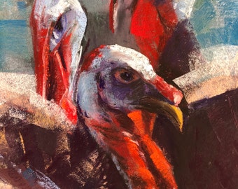 Original pastel painting. Three Turkeys.