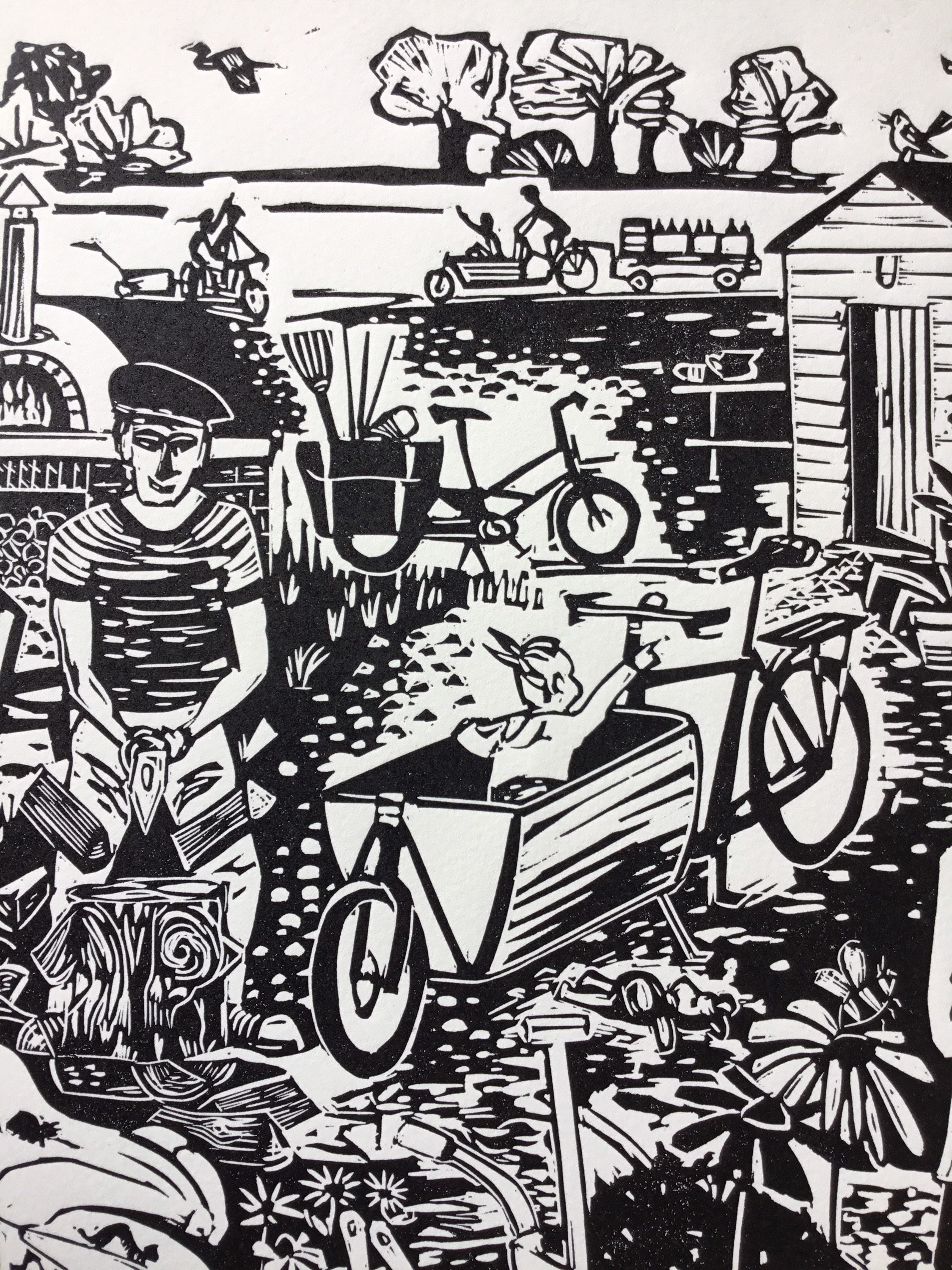 Original Linocut. Party at the Cargobike Community Garden. Edition of ...