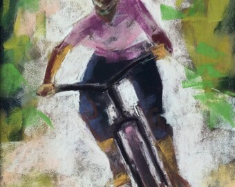 Original pastel painting. Woman on mountainbike.