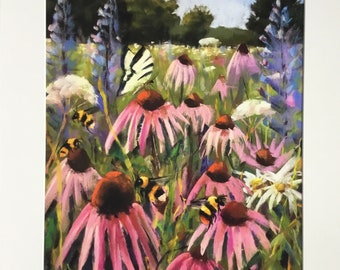 Limited edition fine art print of original pastel painting ‘Echinacea and wildflower meadow’