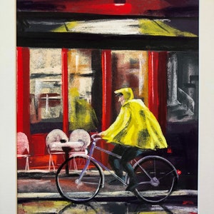 Original pastel painting. A wet commute.