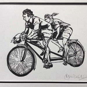 Original linocut print. Couple on a tandem. Open edition.