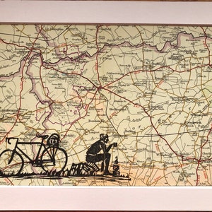 Diverses gravures en linogravure sur la carte vintage de Barthélémy. Drap oxford.