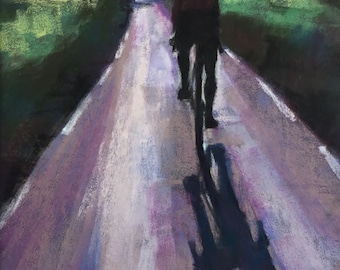 Original pastel painting. ‘Cyclist with long shadow’