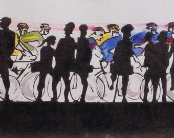 Handpulled & hand coloured linocut print 'Le Tour'. Varied edition of 150 (8/150)