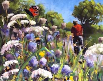 Original Pastel painting. Summer cycling, roadside verge, wildflowers, bees and butterfly.