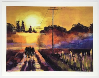 Limited edition fine art print of original pastel painting ‘Sunrise, mist and a group of cyclists’