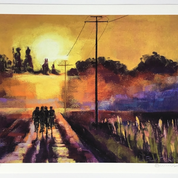 Limited edition fine art print of original pastel painting ‘Sunrise, mist and a group of cyclists’