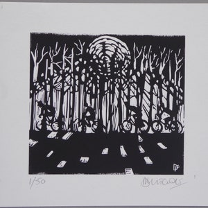 Original linocut print. Moonlit forest ride. Ltd edition of 50.