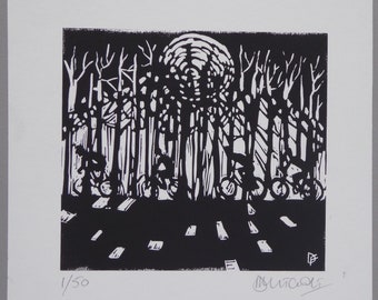 Original linocut print. Moonlit forest ride. Ltd edition of 50.