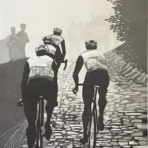Original linocut print. Paris-Roubaix. Edition of 20.