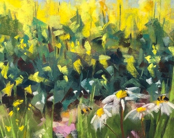 Original pastel painting. Field margin with colza, wildflowers and bees.