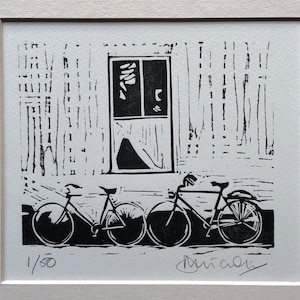 Original linocut 'Two bikes' Edition of 50.