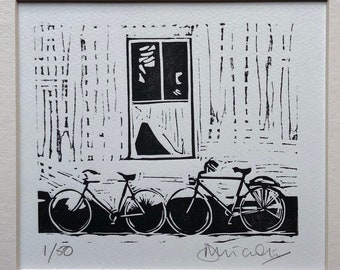 Original linocut 'Two bikes' Edition of 50.
