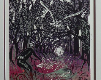 Original linocut print 'Owl encounter' Unique version Test prints.