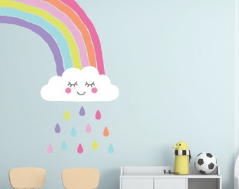 Pastel rainbow wall decal with rainy cloud, Rainbow wall décor, Nursery Wall decor