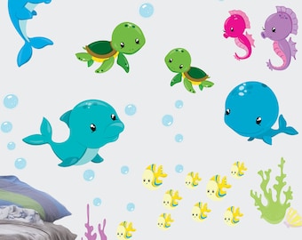 Under the Sea wall decal, Ocean wall decal, Underwater scene wall decals, Sealife creatures nursery wall decals