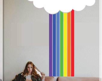 Regenboog met wolk muursticker, kinderkamer regenboog decor, regenboog muursticker