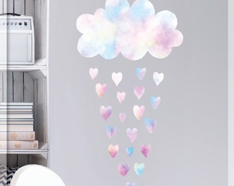 Watercolor cloud wall decal, Cloud and hearts decor, Girls Nursery unicorn decor