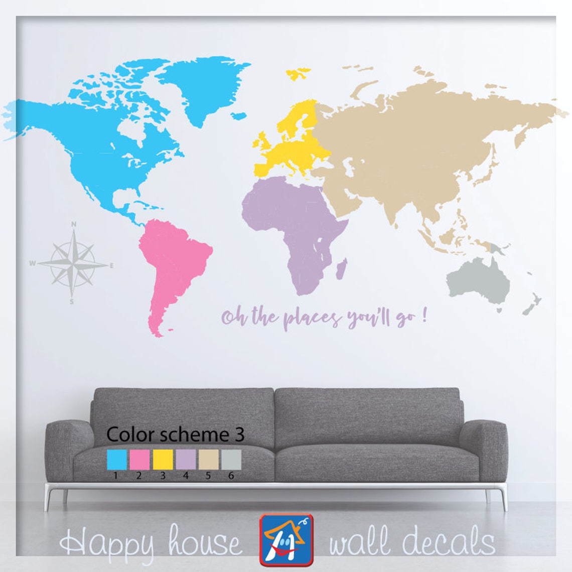 World Map Wall Decal Colorful World Map Decor World Map - Etsy