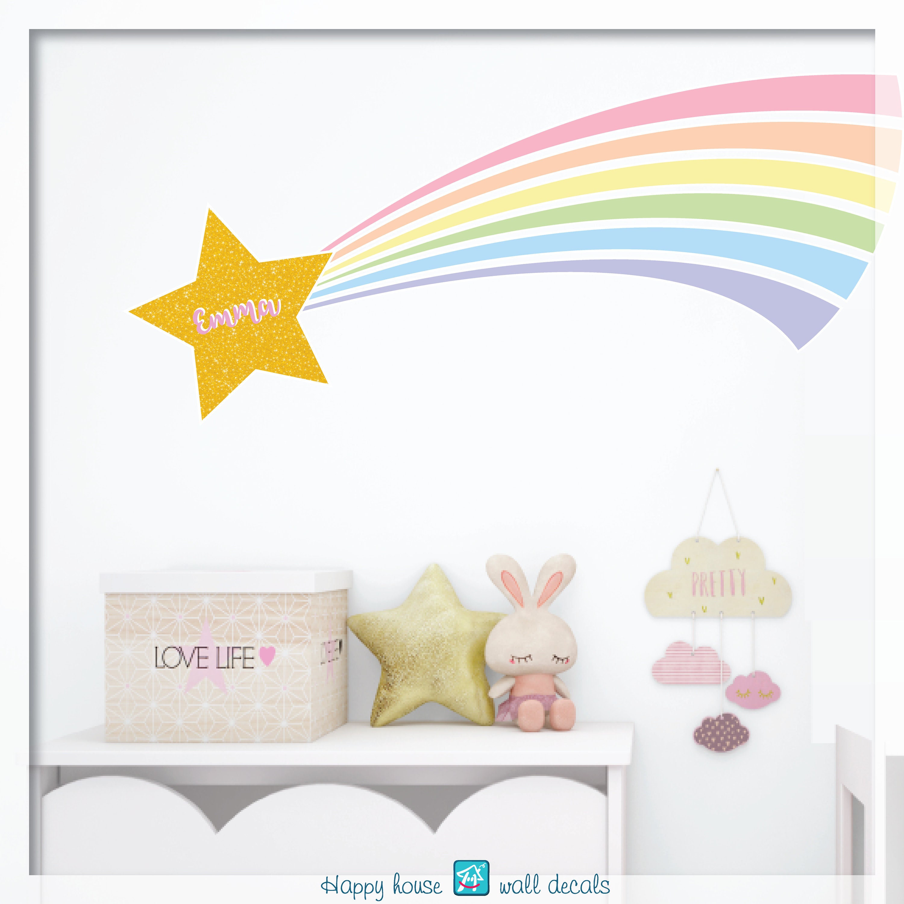 Shooting Star Wall Decal Pastel Star & Rainbow Nursery Decor Etsy